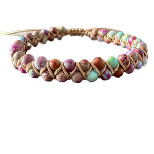 Pulsera ajustable de cuentas de piedra natural de 6mm con cordón trenzado doble