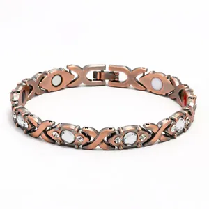 Macro detail of copper magnetic therapy bracelet showing inset rhinestones and magnets