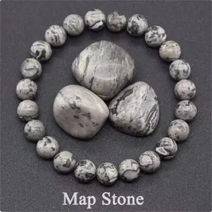 Map Stone beaded bracelet featuring natural grey marble patterns and raw mineral stones