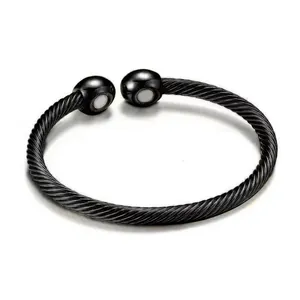 Adjustable black twisted cable magnetic therapy open cuff bracelet for couples