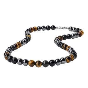 Tijgeroog en zwarte magnetische kralenketting voor dames en heren met karabijnsluiting