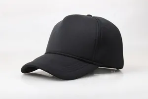 Classic plain black foam trucker hat with curved brim and braided rope detail on front