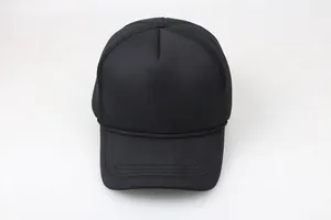 Classic plain black foam trucker hat with rope detail on a neutral grey background