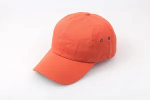 Orange protective baseball style safety helmet with cotton canvas and metal vents