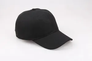 Close-up of solid black baseball cap showing durable cotton twill fabric and 6-panel crown
