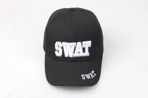 Casquette de baseball tactique SWAT noire avec broderie blanche et coton à six panneaux