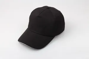 Detailed top view of a black 5-panel cotton baseball cap with white brim edge