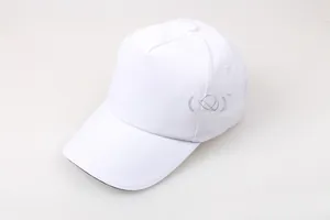 Top view of a blank white cotton 5-panel baseball cap with curved brim and breathable eyelets