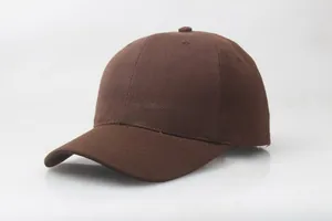 Detail of dark brown cotton twill baseball cap showing six-panel stitching and curved brim