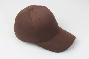 Detail of a dark brown twill cotton baseball cap showing top button and side eyelets
