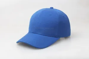 Detailed view of royal blue baseball cap featuring durable cotton twill fabric and stitching