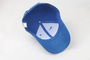 Detail view of cotton baseball cap interior featuring stitching and white care label