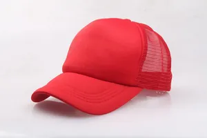 Detail view of red trucker hat with sponge front panel and breathable mesh back
