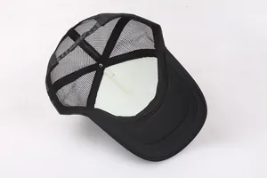 Detailed interior of a black snapback truckercap with mesh back and adjustable strap