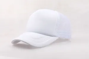 Close-up of white trucker hat showing breathable mesh and four-row stitched brim details