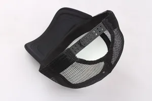 Detail of adjustable snapback closure and breathable mesh on black trucker hat