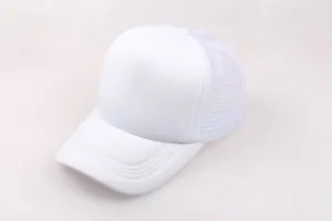 Close-up of white mesh trucker hat featuring foam front and adjustable mesh back panel