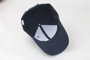 Detail view of the navy blue cotton baseball cap interior structure and sweatband