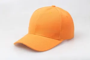 Close-up of bright orange twill cotton baseball cap showing stitching and breathable eyelets