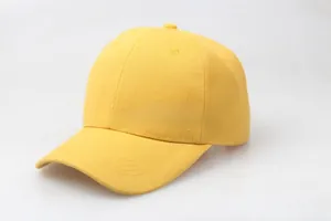 Close-up of bright yellow cotton baseball cap showing twill fabric and six-panel crown
