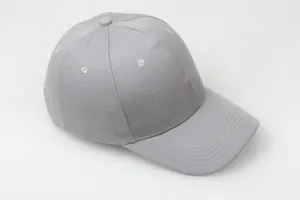 Detail view of a thick dark gray six-panel baseball cap with curved brim and twill cotton texture