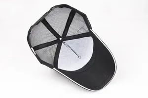 Detalle del cierre ajustable y la estructura de malla en la gorra trucker de color negro