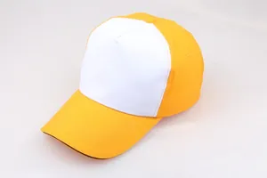 Detail of yellow and white twill cotton baseball cap showing stitching and fabric texture