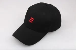 Detail of black cotton baseball cap showing three red embroidered stripes and reinforced brim