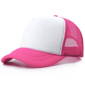 Adjustable pink and white mesh trucker hat with a curved brim and blank front panel