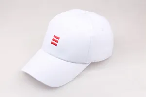 Detail of white cotton baseball cap with three red embroidered stripes and neat stitching