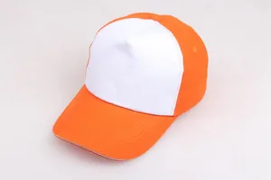 Detailed close-up of orange and white twill cotton baseball cap with reinforced stitching