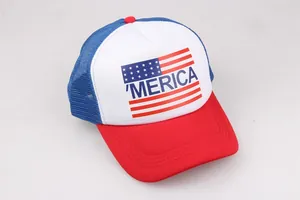 Classic red white and blue trucker hat with MERICA print and American flag pattern