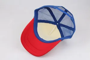 Two-tone mesh trucker hat with red brim and blue adjustable strap for outdoor sun protection