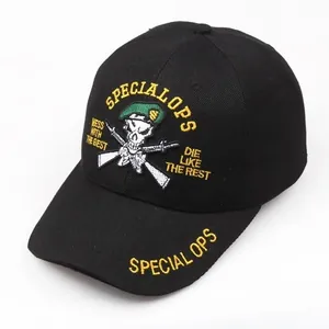 Military-style black baseball cap with embroidered skull and Special Ops insignia