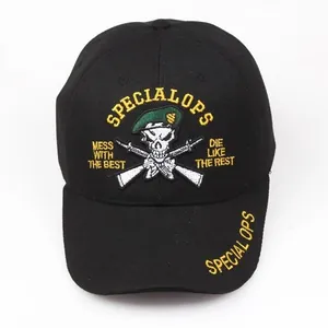 Black Special Ops baseball cap featuring a tactical skull embroidery and crossed rifles