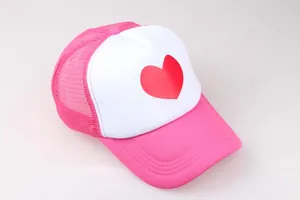 Pink and white mesh trucker hat with red heart print for summer and couple wear