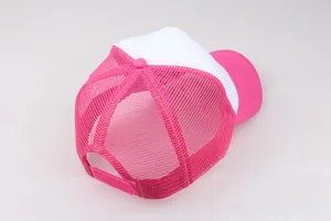 Pink and white mesh trucker hat with adjustable snapback strap for summer sports