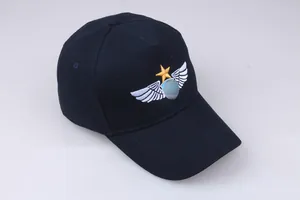 Navy cotton baseball cap featuring gold star and white wings embroidery on the front