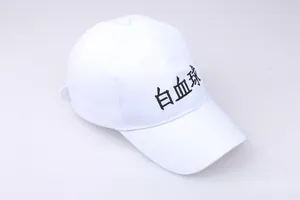 White cotton baseball cap with black Cell at Work anime Leukocyte embroidery