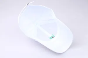 Detailed interior of a white cotton baseball cap showing palm tree embroidery and sweatband