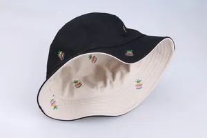 Wende-Anglerhut in Schwarz und Beige mit farbenfroher Ananas-Stickerei für Damen und Herren