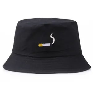 Classic black cotton bucket hat featuring a colorful cigarette embroidery on the front