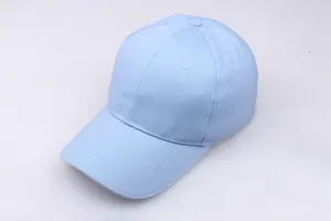 Detailansicht der himmelblauen Baumwoll-Baseballkappe mit sechs Bahnen und oberem Knopf