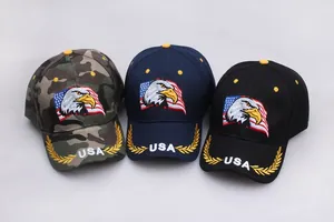 Detailed embroidery of eagle and American flag on baseball caps in three color options