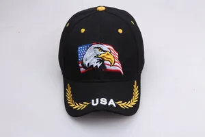 Close-up of eagle and US flag embroidery on a black cotton baseball cap with USA brim text