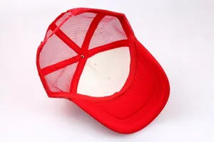 Detailed back view of a red mesh trucker hat with an adjustable snapback closure