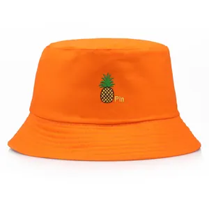 Sombrero de Pescador Reversible de Algodón con Bordado de Piña Verano Casual Protección Solar Bucket Hat Pin Letra Patrón de Frutas Gorra de Viaje al Aire Libre