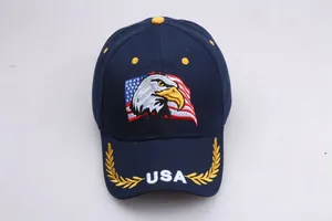 Close-up of eagle and US flag embroidery on navy baseball cap with USA on the brim