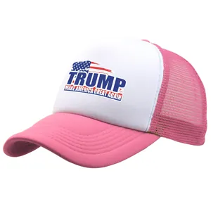 Pink and white Trump Make America Great Again trucker hat with breathable mesh and curved brim