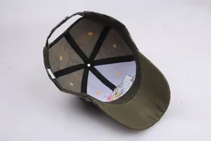 Detailed interior of camouflage baseball cap showing six-panel structure and embroidery